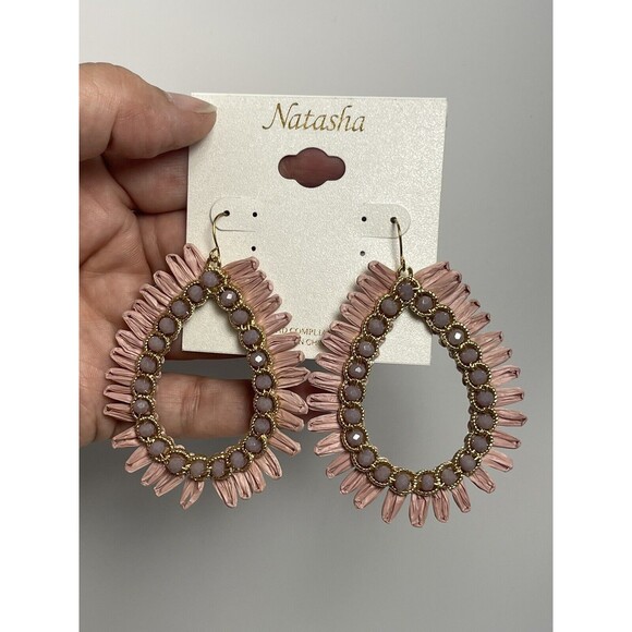Natasha Beaded Raffia Large Teardrop Statement Earrings In Dusty Rose New - Picture 2 of 7